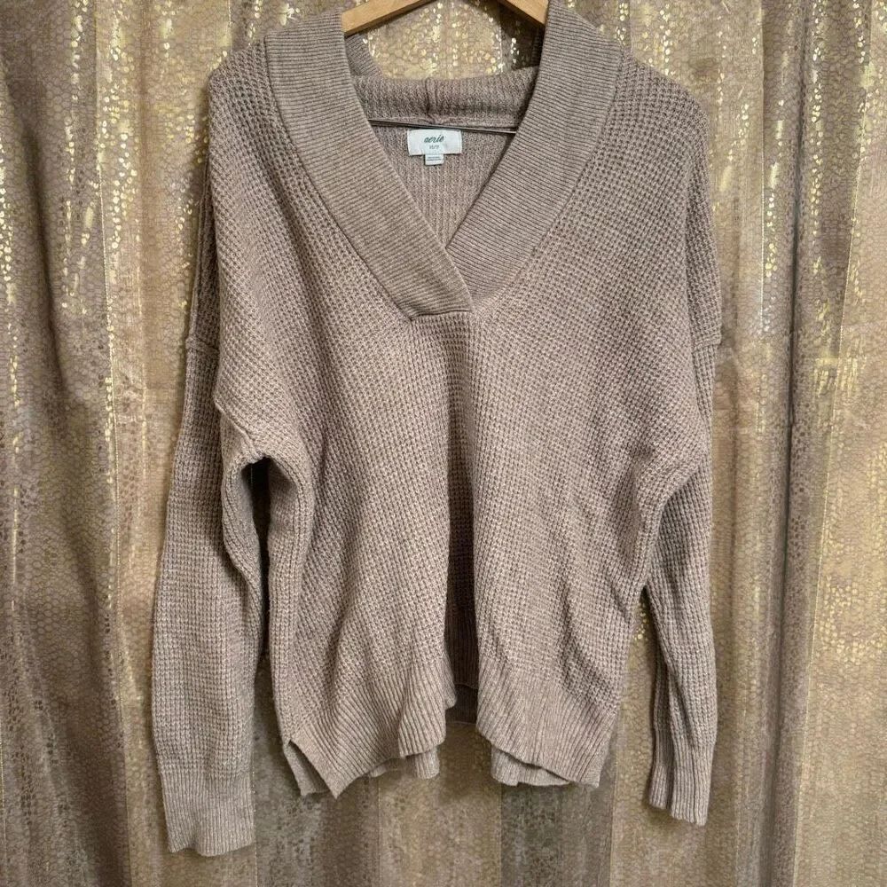 Aerie Tan Cozy Up Waffle Knit Hooded Sweater Oversized XS
